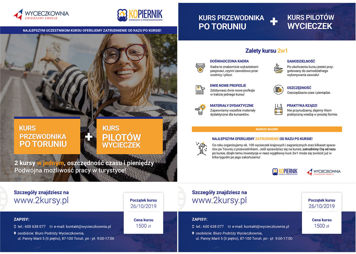 Projekt ulotki dla organizacji sprzedającej kursy.
